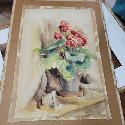 MCM Watercolor Geraniums Floral Still life Unframed on paper 1960s Approx. 22x14