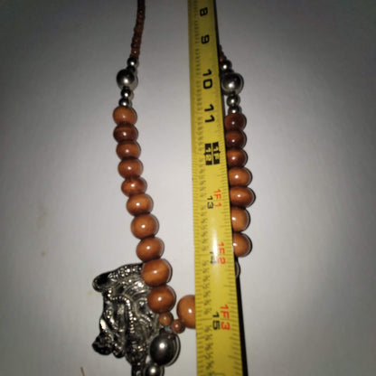 Wood Metal silver tone elephant Ganesh pendant Single Strand Necklace tassel