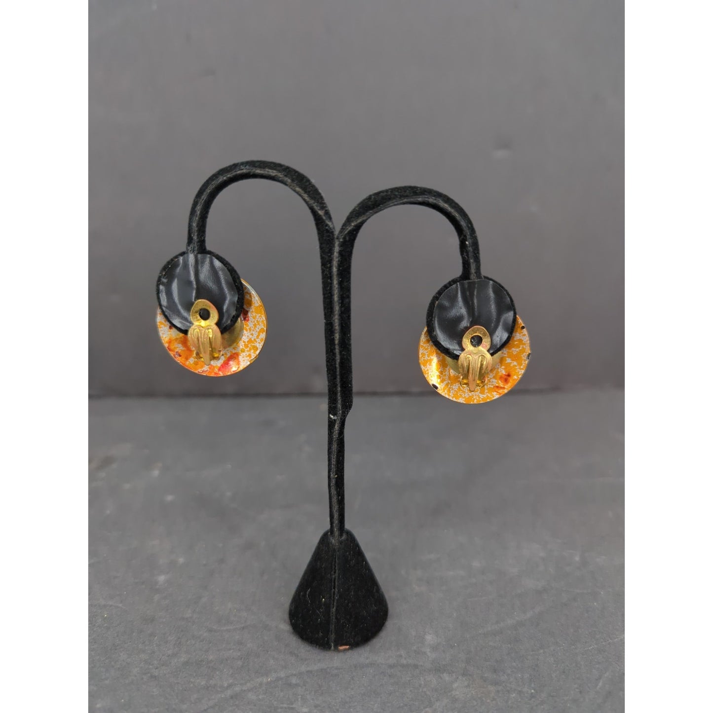 Vintage W. Germany Hand Painted Enameled Metal ClipOn Earrings Orange Yellow
