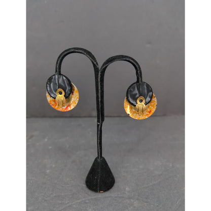 Vintage W. Germany Hand Painted Enameled Metal ClipOn Earrings Orange Yellow