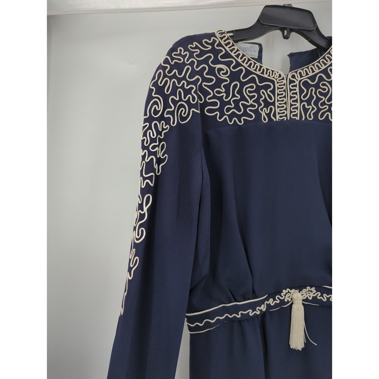 Margaret's Lubbock Texas Dress cinched waist Navy Soutache Church Wedding