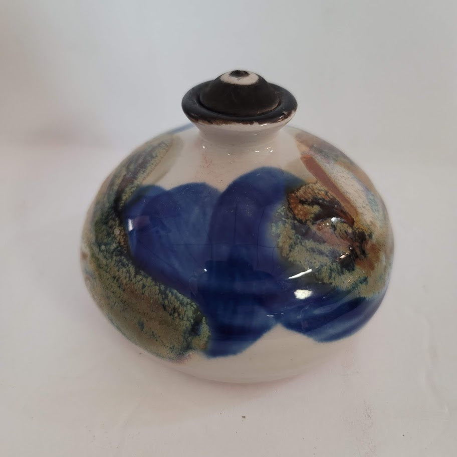 Handmade Round Blue Brown Glaze Swirled Bud Vase / Diffuser Fragrance Artist KS