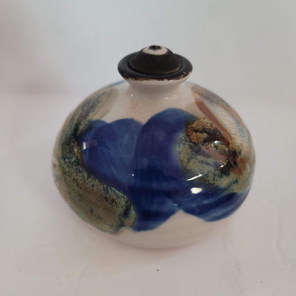 Handmade Round Blue Brown Glaze Swirled Bud Vase / Diffuser Fragrance Artist KS