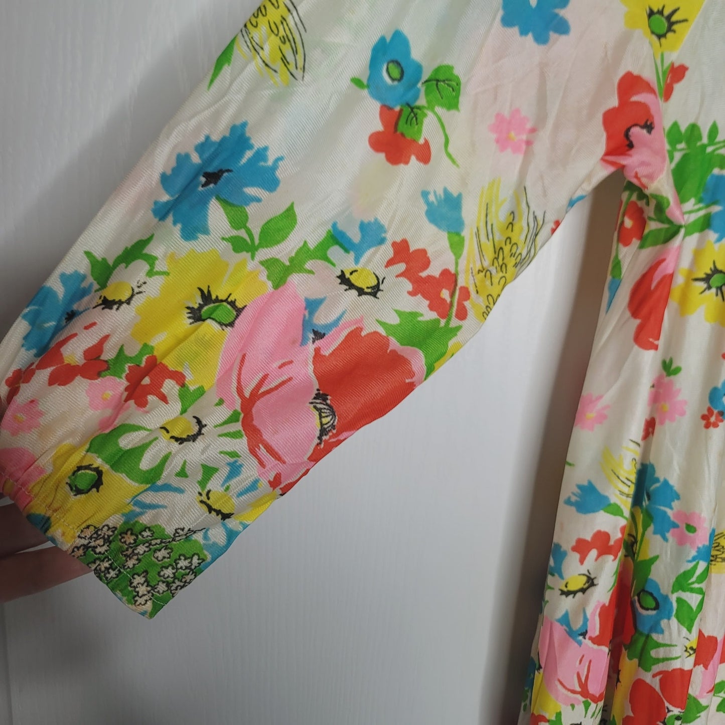 Vintage Poly Pajama Housedress PJs Floral Maxi Long Sleeve raw hem LARGE/XL
