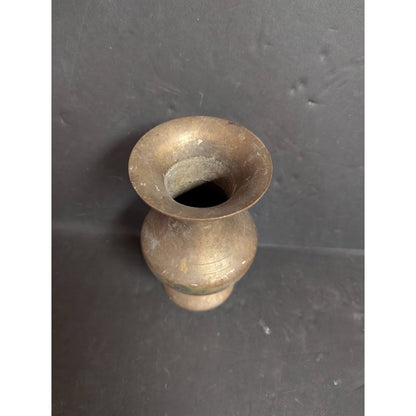 Antique 6" banded brass vase footed Patina flared neck round body Far East