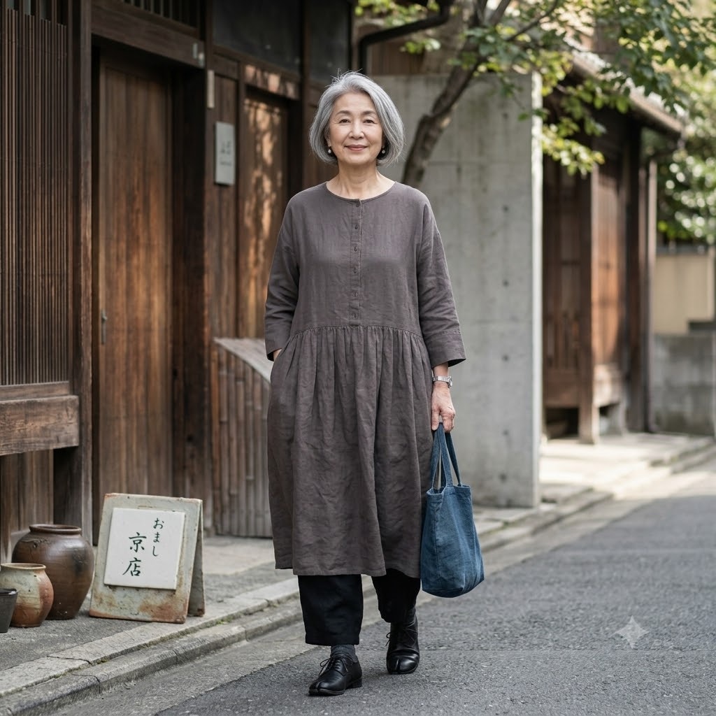 Lintu Laulu Japanese Oversize Dress Putty Gray Long Sleeve Pockets Lagenlook