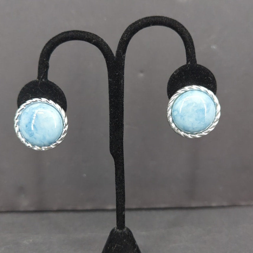 Vintage Pale Blue Faux Pearl Button Circle 80s Rhinestone Halo Clip On Earrings