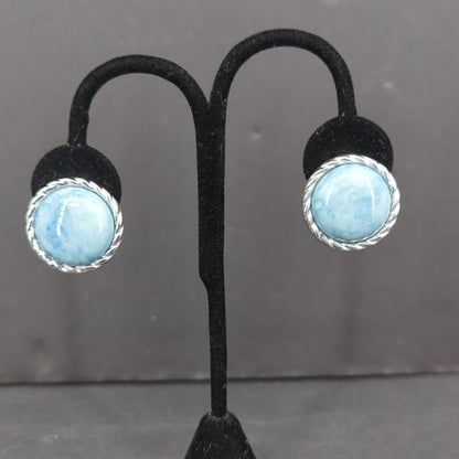 Vintage Pale Blue Faux Pearl Button Circle 80s Rhinestone Halo Clip On Earrings