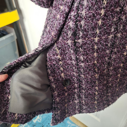 Herve Bernard Purple Coat Plaid wool Size 14 Knee Length Coat button front lined