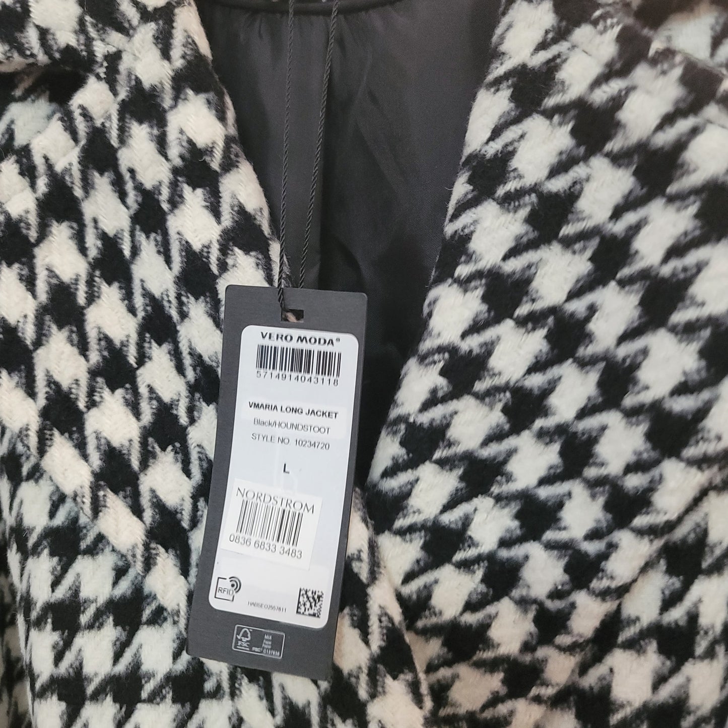 Vero Moda Coat Houndstooth Belted Maria Long Jacket Trench NEW Black White
