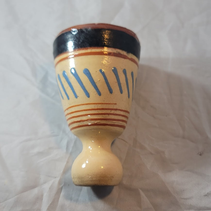 Vintage handmade vase tapered blue rust cream 6" tall