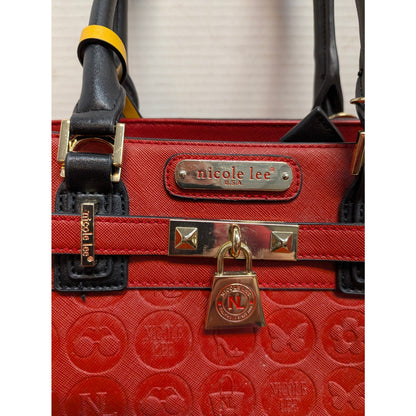 Nicole Lee Crimson Red Embossed Satchel Gold Padlock Detail