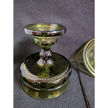 Vintage Indiana Glass Olive Green Kings Crown Thumbprint Covered Candy Dish