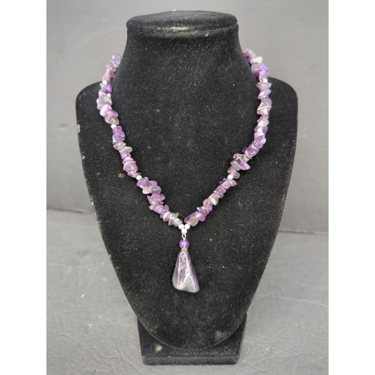 Vintage Amethyst Quartz Nugget Y-Necklace Drop Pendant Boho Chic Raw Crystal
