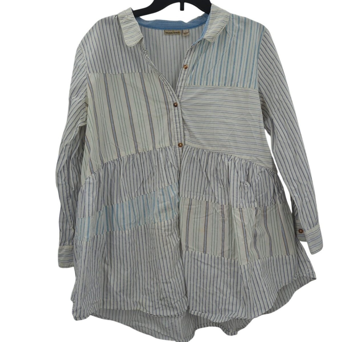 holding horses Size Large Blue white striped babydoll blouse top Anthropologie