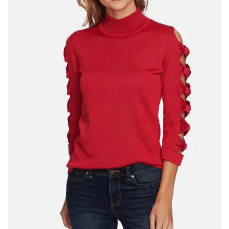 CeCe by Cynthia Steffe Mock Neck Sweater Bow Sleeve Ribbon Red Small Holiday NEW