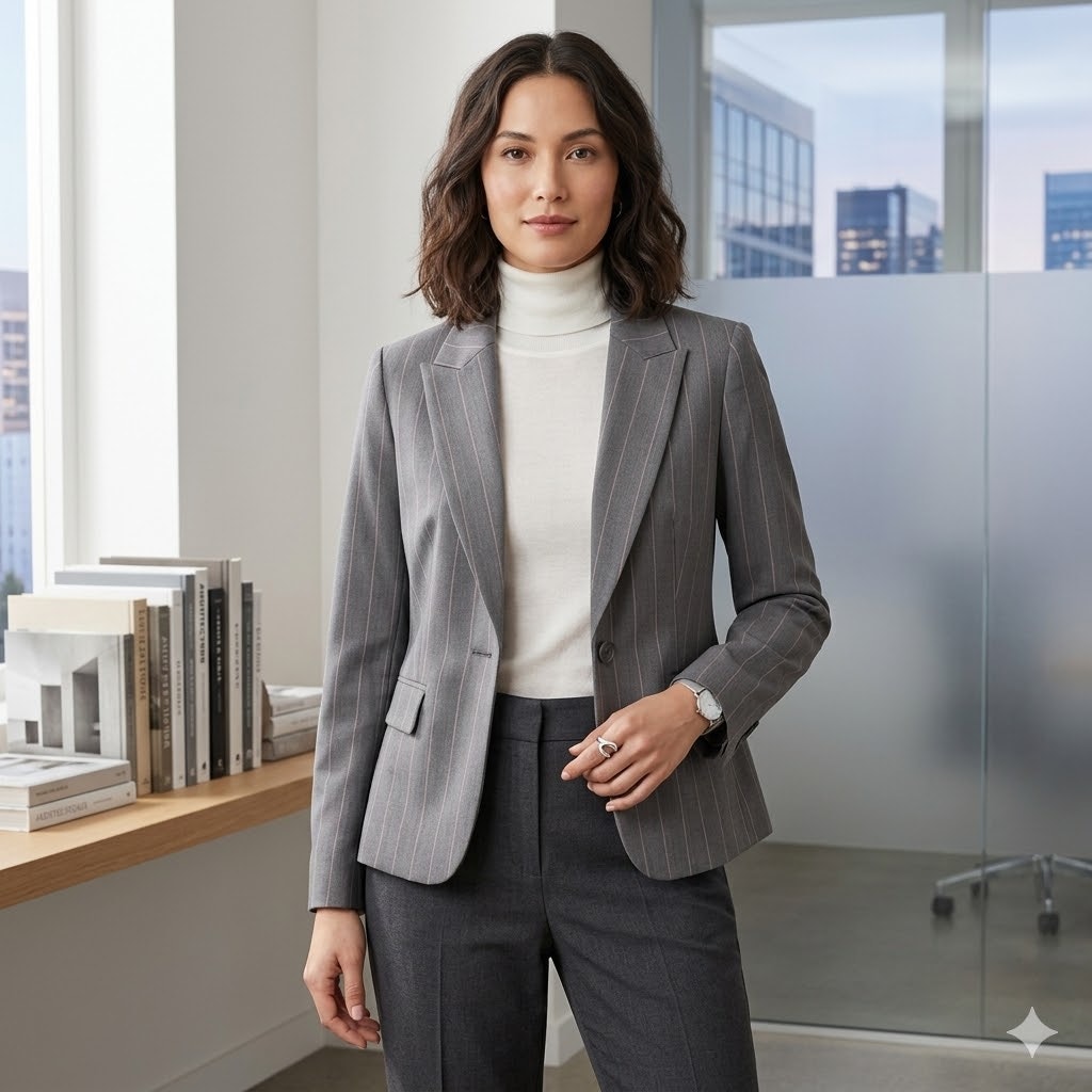 Style & Co. Petite Gray Pinstripe Single Button Stretch Blazer 4P Career Work