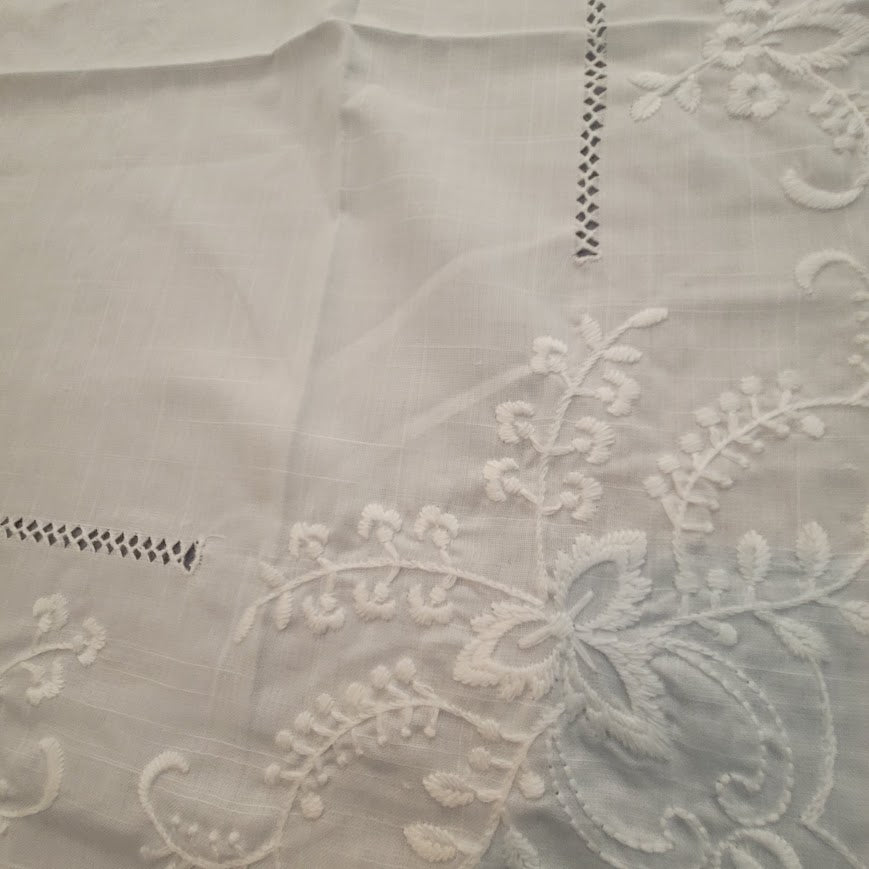 Vintage 1970s White Square 36" x 36" Tablecloth Hand Embroidery White Linens