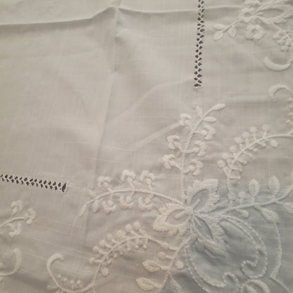 Vintage 1970s White Square 36" x 36" Tablecloth Hand Embroidery White Linens