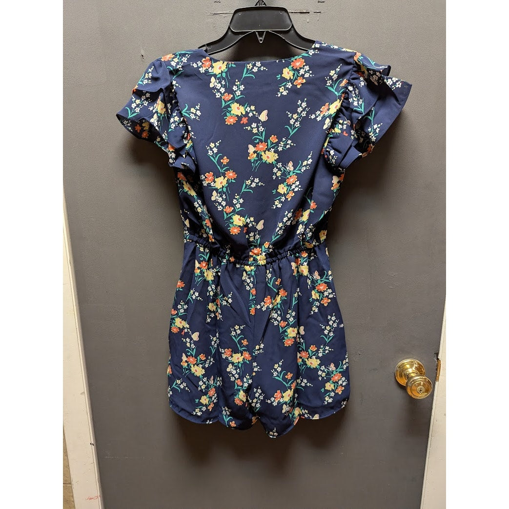 Maison Jules Size XS romper blue floral short sleeves shorts elastic waist NEW