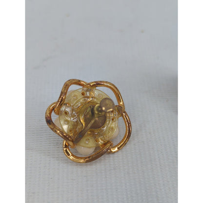Vintage Gold Tone Faux Pearl Cluster Screw Back Earrings Retro Chic