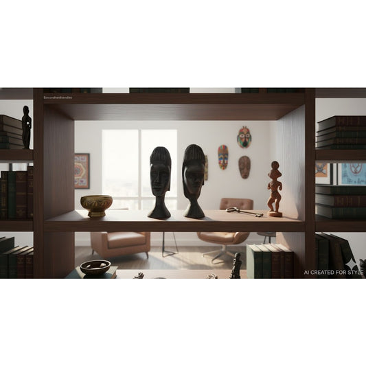 Vintage Hand Carved African Ebony Wood Bust Set Tribal Sculpture Art Duo