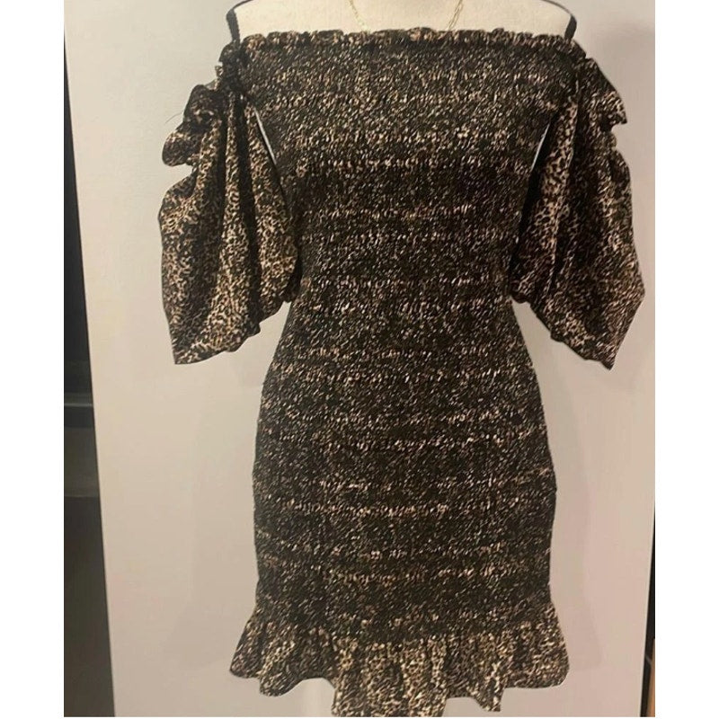 Topshop Gold & Black Smocked Off-the-Shoulder Mini Dress Size 2 NEW Summer