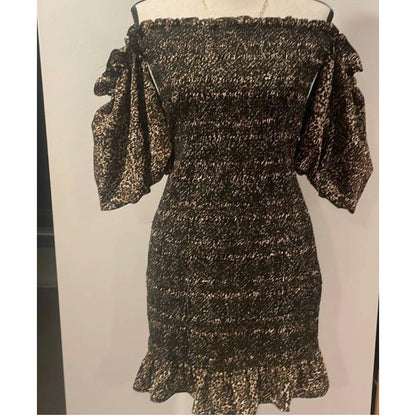 Topshop Gold & Black Smocked Off-the-Shoulder Mini Dress Size 2 NEW Summer