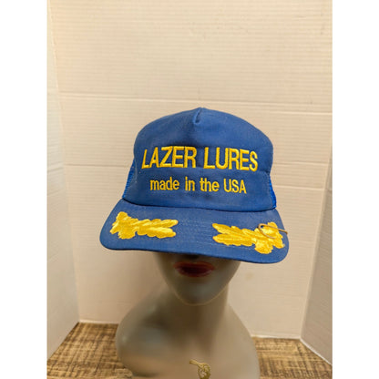Vintage Lazer Lures Blue Gold Mesh Trucker Snapback Baseball Cap Hat Y2K