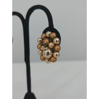 Vintage Mid Century Gold Tone Cluster Bead Clip On Earrings Japan Retro Charming