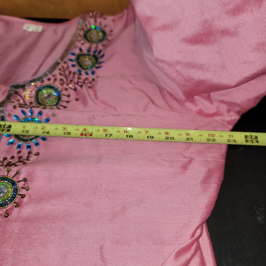 Fabindia Pink Embroidered Long Sleeve Tunic Top Beaded Embellishments size Large