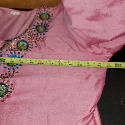 Fabindia Pink Embroidered Long Sleeve Tunic Top Beaded Embellishments size Large