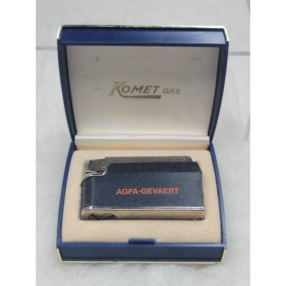 Vintage Komet Gas Agfa-Gevaert Advertising Lighter MidCentury Modern Silver Tone