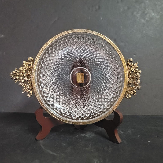 Vintage Hollywood Regency Trinket cut glass double gold metal handles