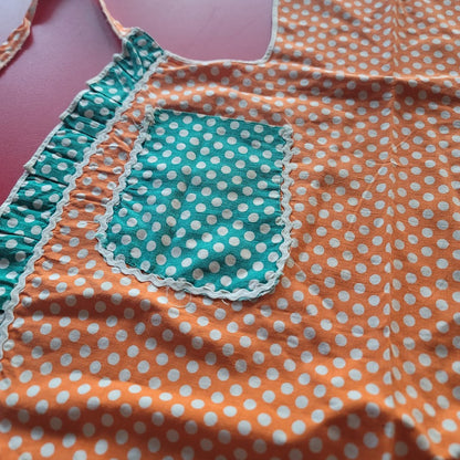 Vintage Orange Teal Polka Dot Pinafore Apron Retro Kitsch Mid-Century 50's Style