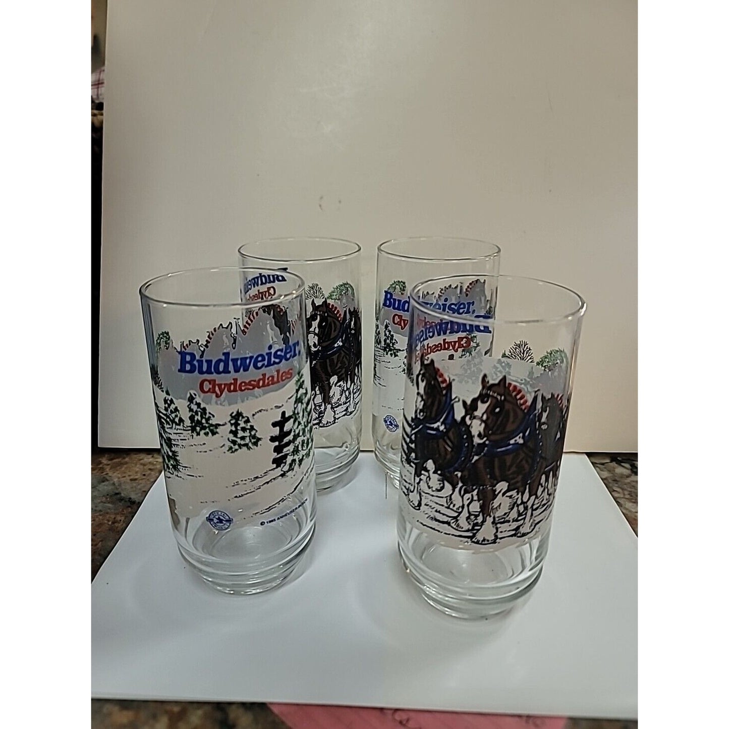 BUDWEISER Christmas Clydesdales 1995 Lot Of 4- 16 oz Cooler Glasses BARWARE Beer