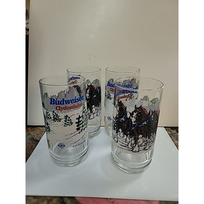 BUDWEISER Christmas Clydesdales 1995 Lot Of 4- 16 oz Cooler Glasses BARWARE Beer