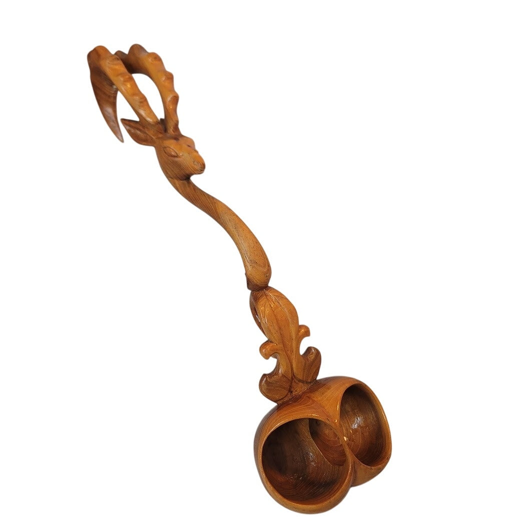 Hand carved double dipper ladle wood antelope ram head Kazakhstan Ожау