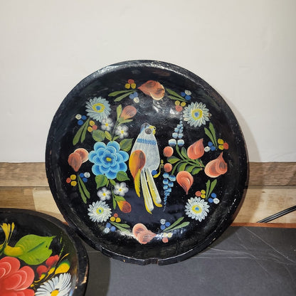 Pair Vintage Mexican Batea wooden bowls Hand painted floral bird folk art black