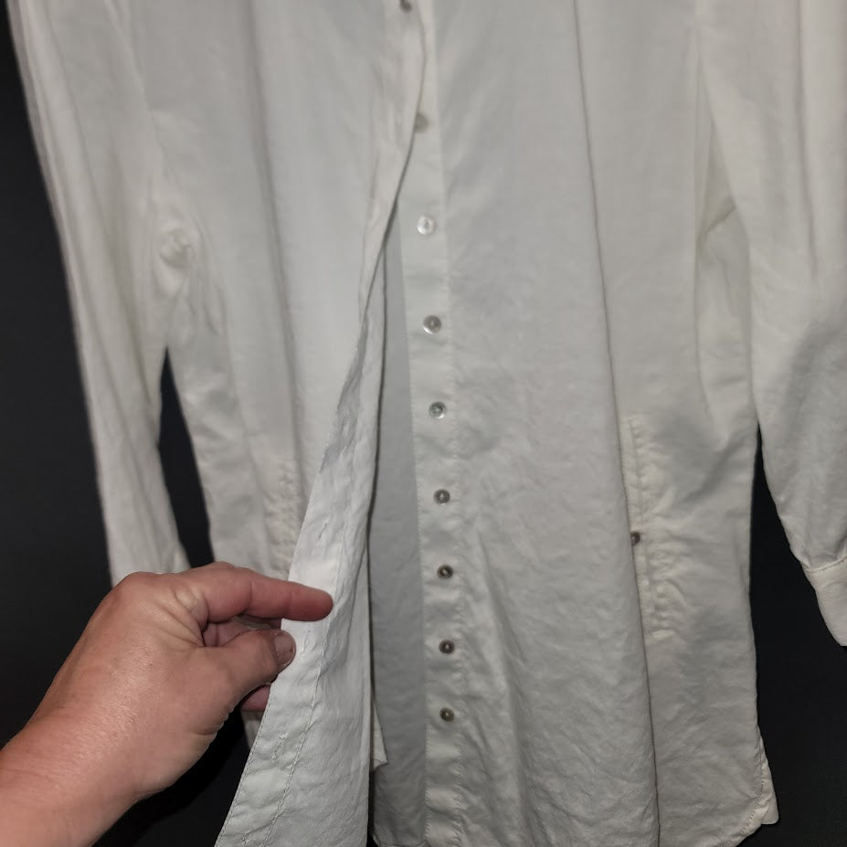 Eileen Fisher Small White Blouse Tunic Dress Button Up collar Linen 3/4 Sleeve