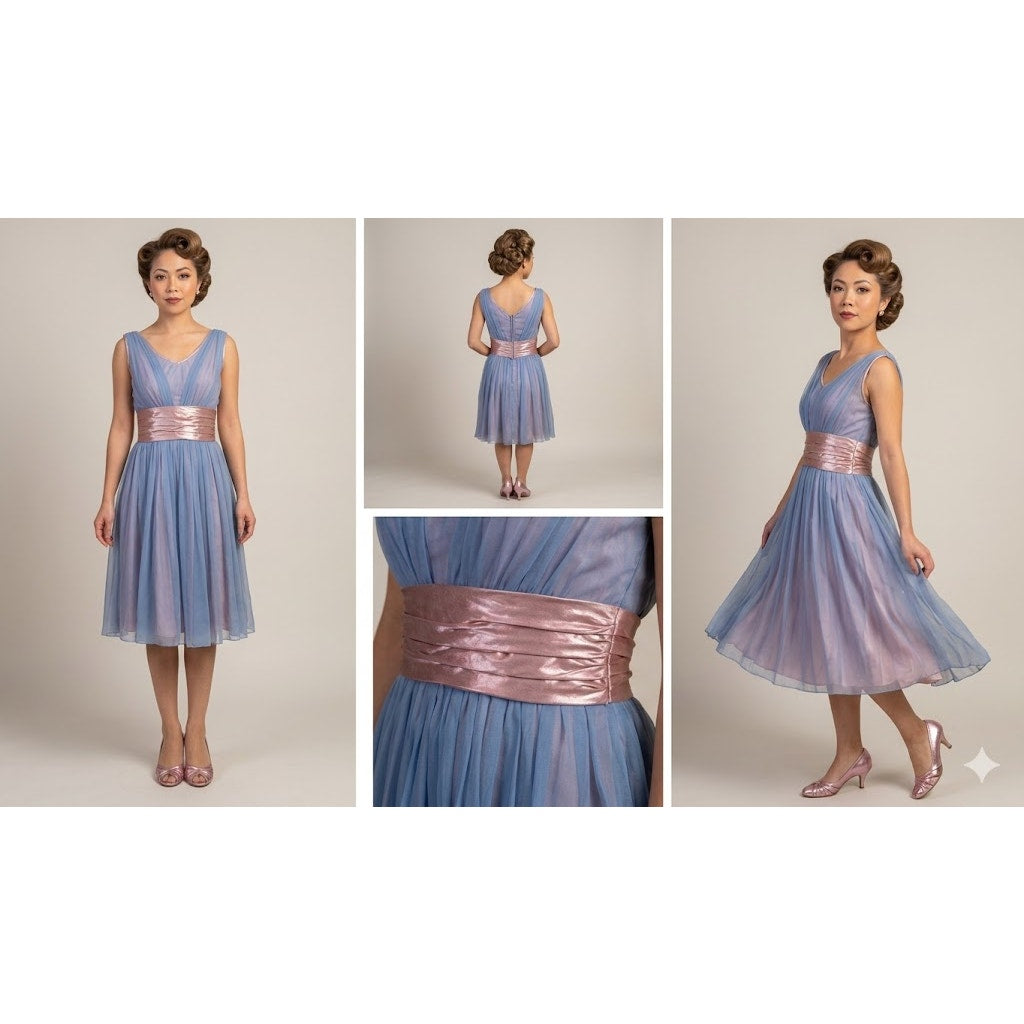 xs/small Vintage 1950s Regency Chiffon Party Dress Two Tone Blue Pink Cumberbund