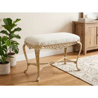 Secondhand Sandies: Vintage Ornate Cast Iron Vanity Bench with Cream Fabric Cushion