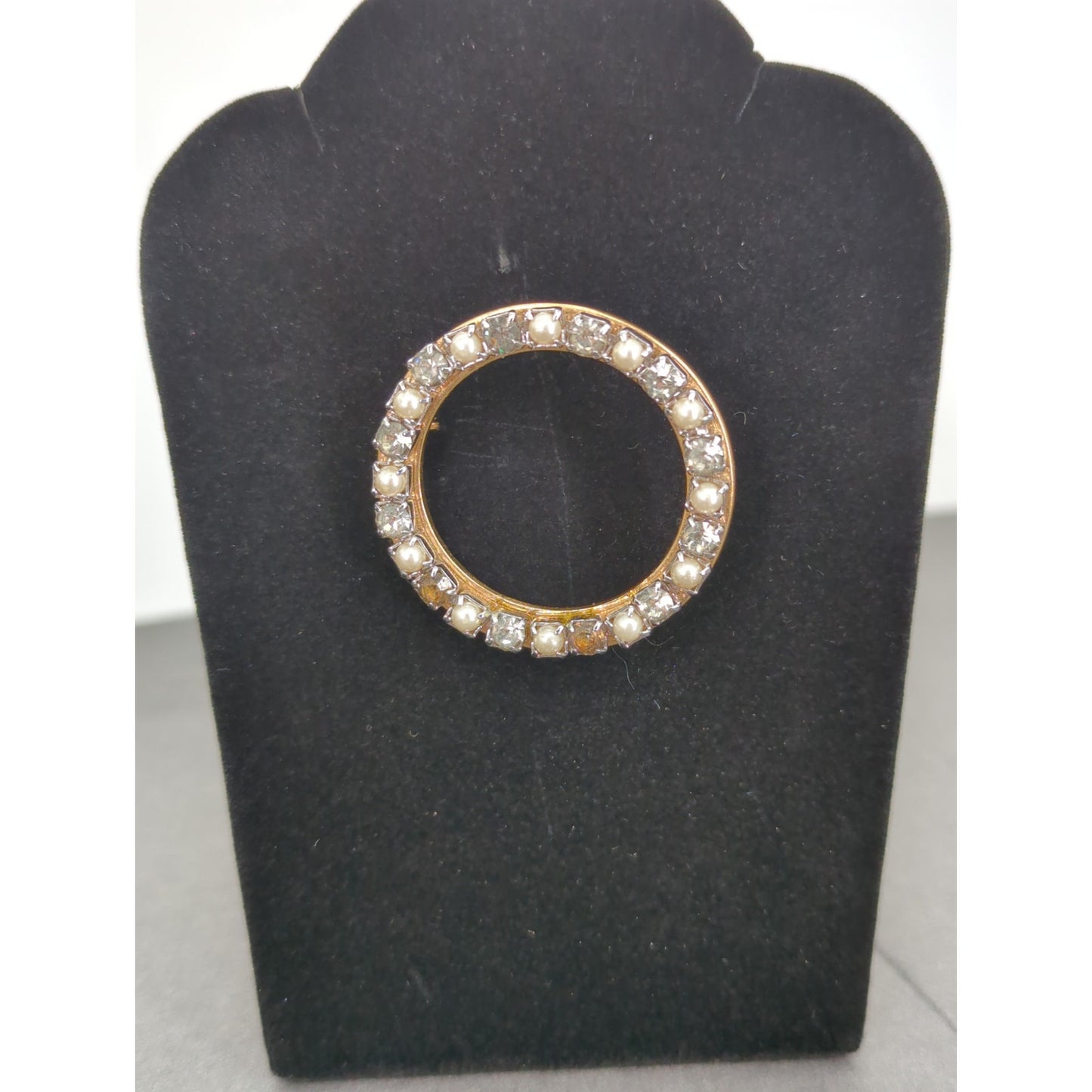 Vintage Fashion BROOCH PIN Faux Pearl Smoky Quartz Clear Rhinestone Goldtone
