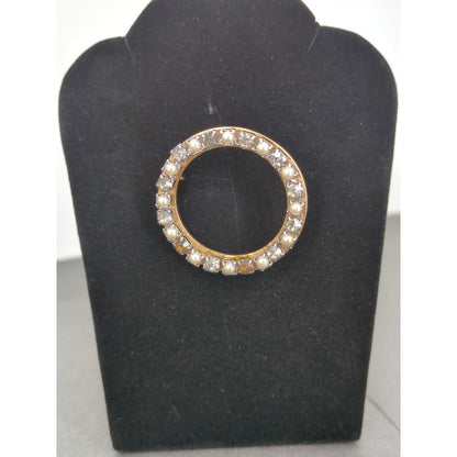Vintage Fashion BROOCH PIN Faux Pearl Smoky Quartz Clear Rhinestone Goldtone