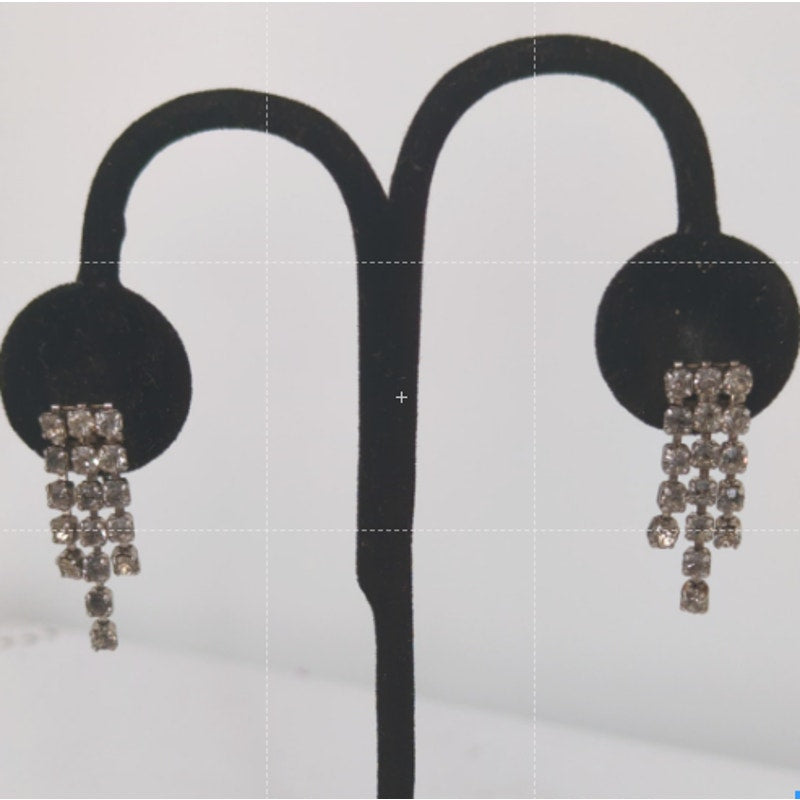 Vintage 3-Strand Tiered Dangly Rhinestone Silver Clip-On Earrings Retro Glamour
