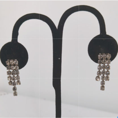 Vintage 3-Strand Tiered Dangly Rhinestone Silver Clip-On Earrings Retro Glamour