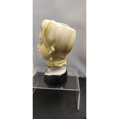 Retro MCM Kitsch Planter Blonde Lady Headvase Black Bow Glam Side Pony Vase