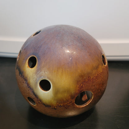 Vintage Ikebana vase orb sphere Ceramic brown glaze Approx. 7" Art Pottery