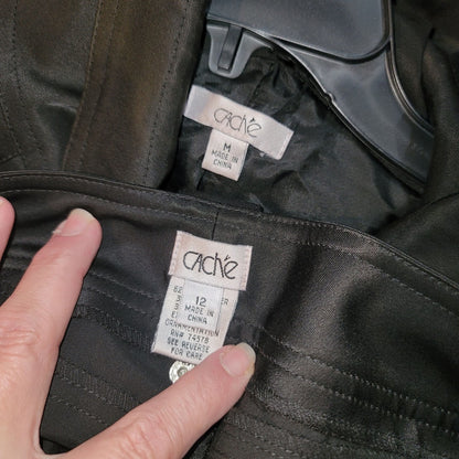 Cache 2pc Set Full Zip Cropped Jacket Flare Sleeves Black Medium Pants Multi zip