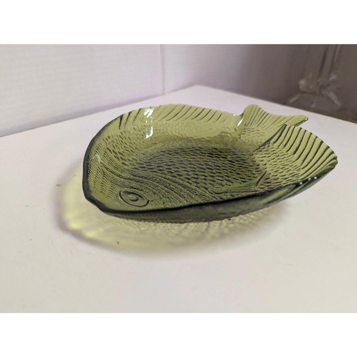 Vintage Olive Green Glass Fish Shaped Dish Ashtray Or Trinket Dish Coastal Beach